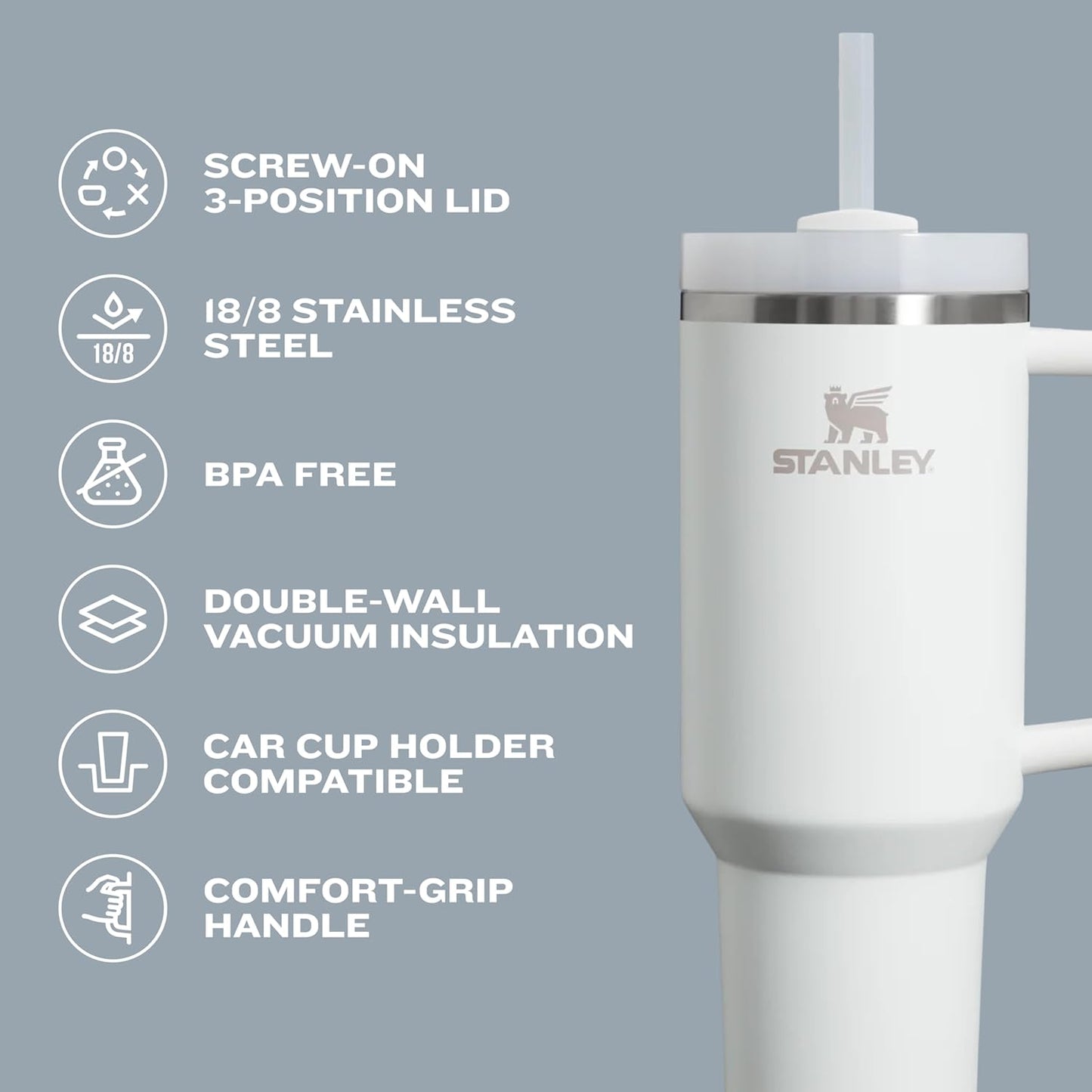 Quencher H2.0 30 Oz Tumbler with Handle and Straw | Flowstate 3-Position Lid | Travel Cup Holder Compatible | Insulated Stainless Steel | BPA-Free | Azure Color
