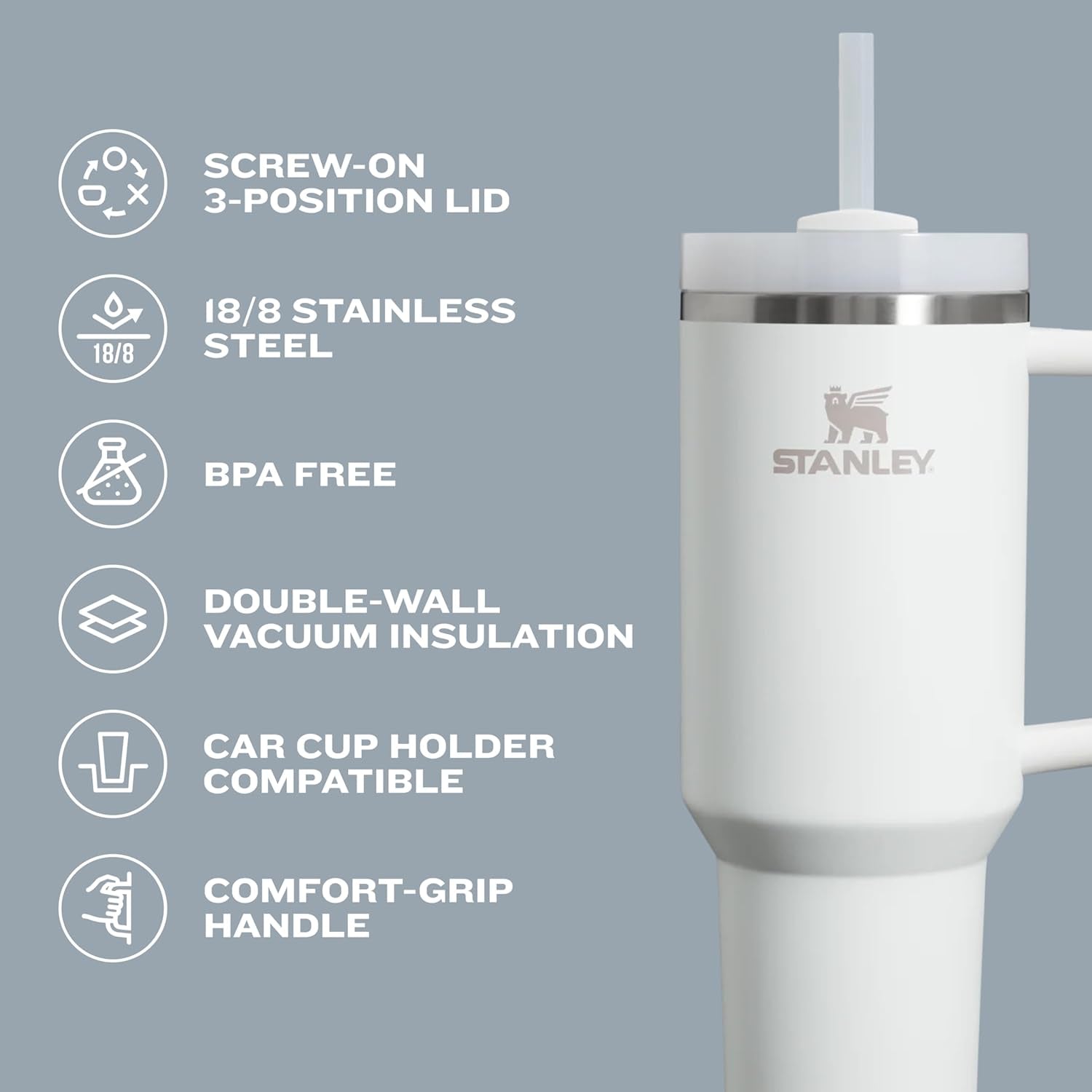 Quencher H2.0 30 Oz Tumbler with Handle and Straw | Flowstate 3-Position Lid | Travel Cup Holder Compatible | Insulated Stainless Steel | BPA-Free | Azure Color