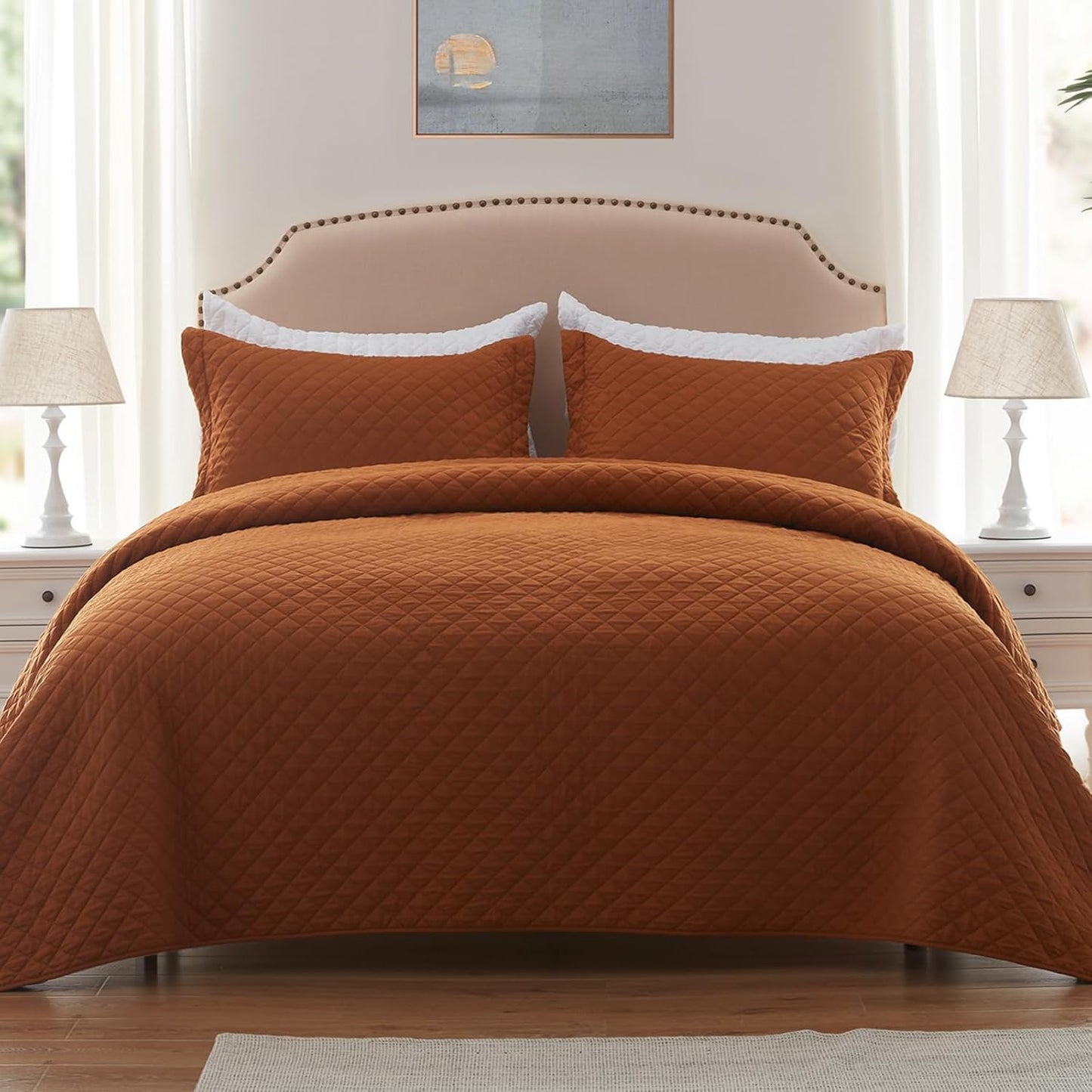 King Size Quilt Set in Burnt Orange, Lightweight Reversible Comforter Bedspread, Soft Rust Diamond Quilted Bedding Set, Includes 1 Quilt and 2 Pillow Shams, Ideal for All Seasons