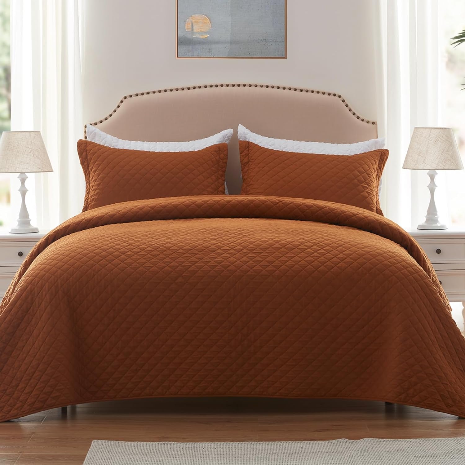 King Size Quilt Set in Burnt Orange, Lightweight Reversible Comforter Bedspread, Soft Rust Diamond Quilted Bedding Set, Includes 1 Quilt and 2 Pillow Shams, Ideal for All Seasons