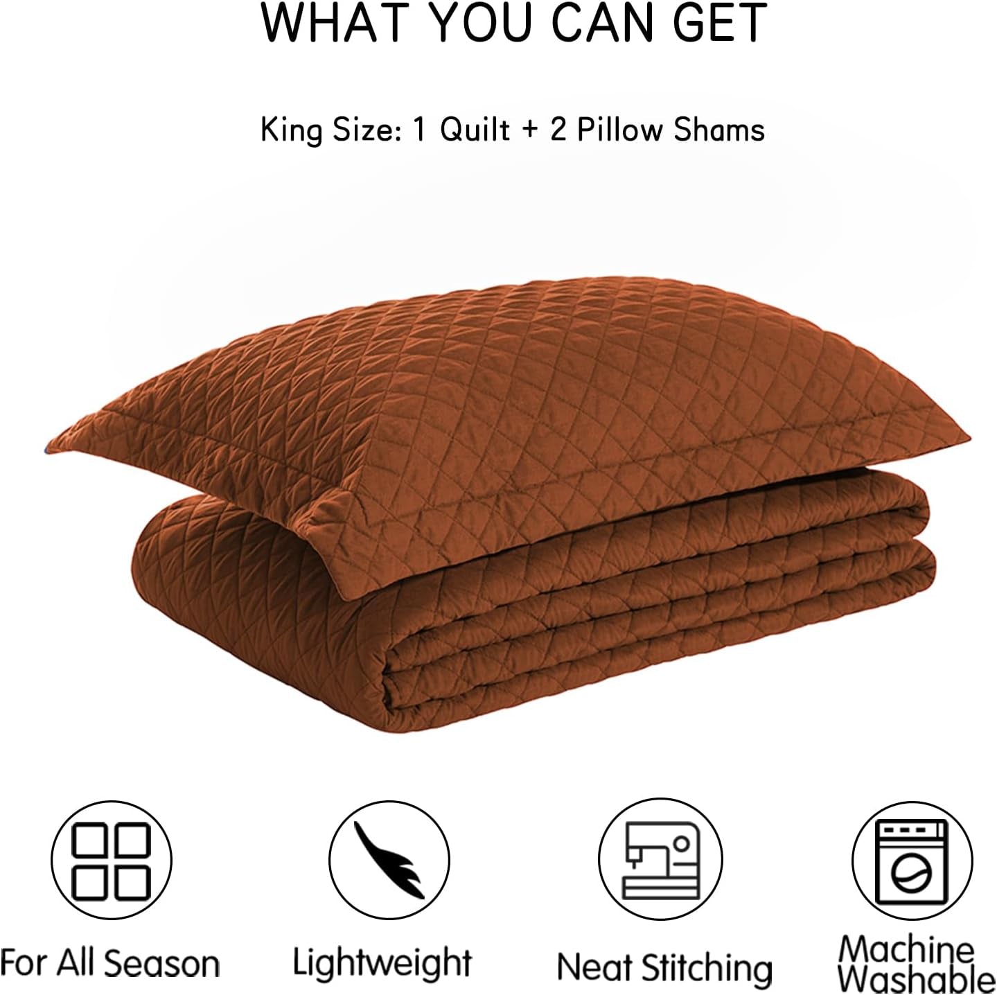 King Size Quilt Set in Burnt Orange, Lightweight Reversible Comforter Bedspread, Soft Rust Diamond Quilted Bedding Set, Includes 1 Quilt and 2 Pillow Shams, Ideal for All Seasons