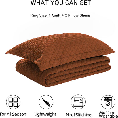 King Size Quilt Set in Burnt Orange, Lightweight Reversible Comforter Bedspread, Soft Rust Diamond Quilted Bedding Set, Includes 1 Quilt and 2 Pillow Shams, Ideal for All Seasons